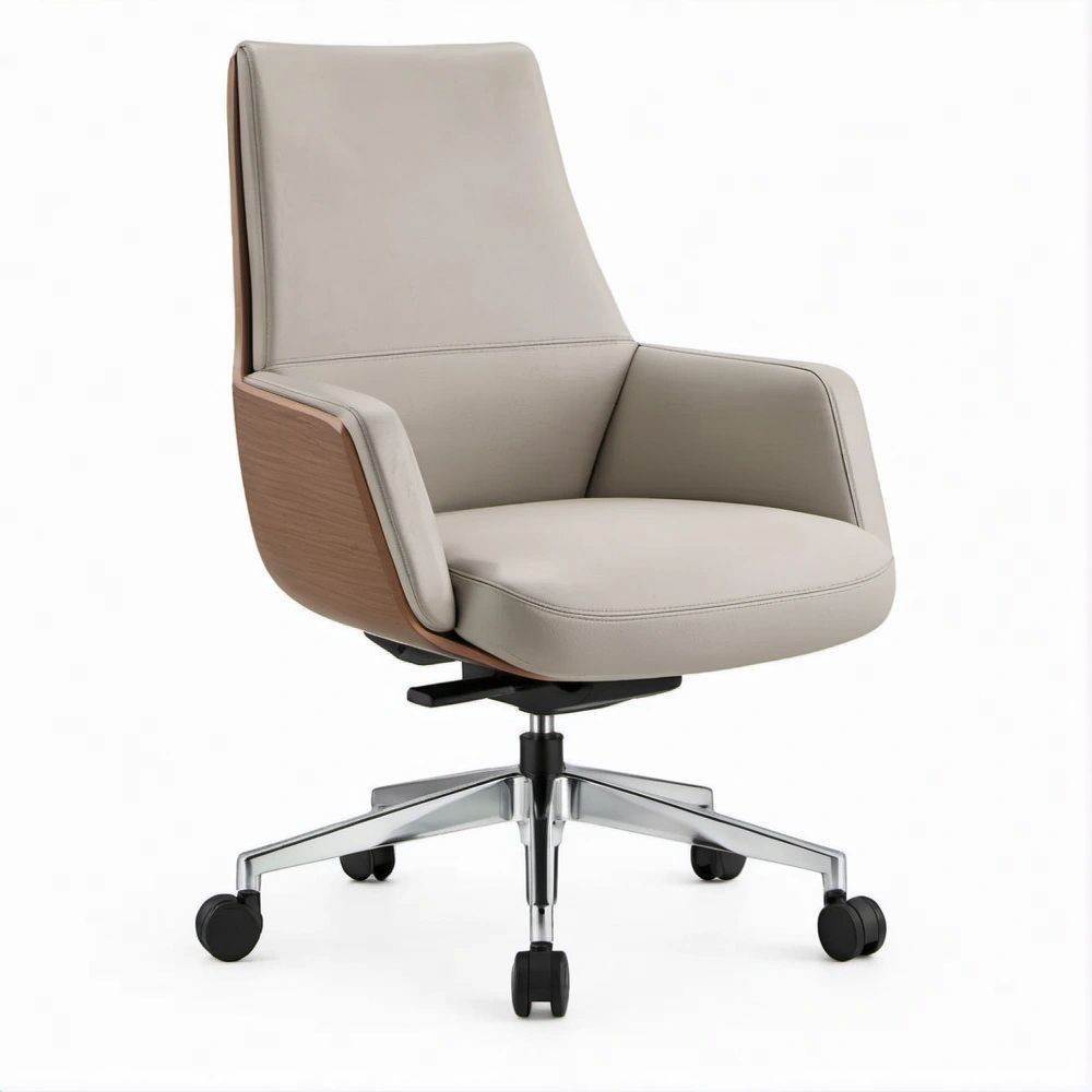 Drehbarer Bürostuhl mit Armlehnen aus PU-Kunstleder und Eichenfurnier, Beige/Naturbraun, 65 x 65 x 108–118 cm