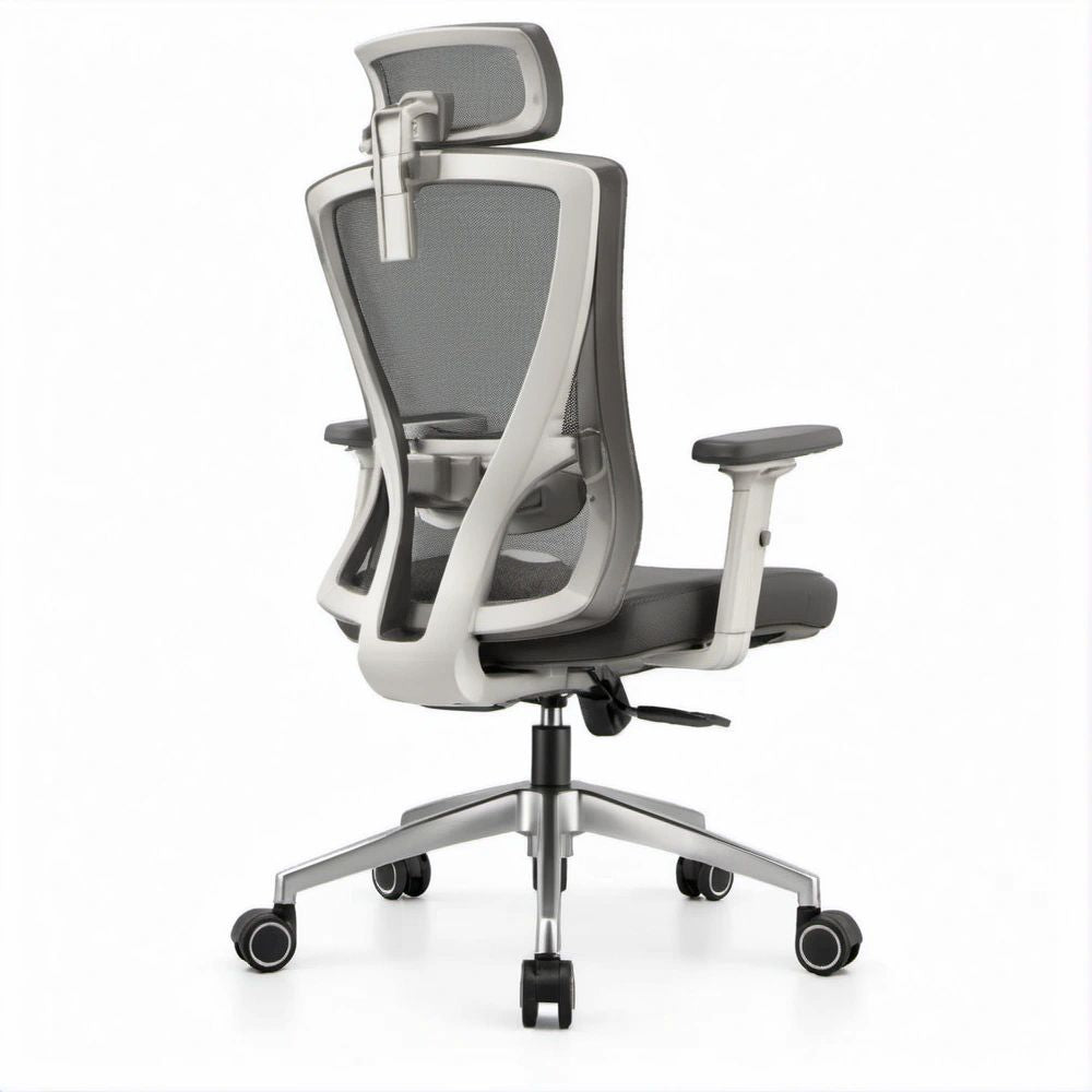 Ergonomischer Bürostuhl Grau/Schwarz/Silber mit Netzrückenlehne, Kopfstütze und Armlehnen, 66 x 66 x 118–128 cm