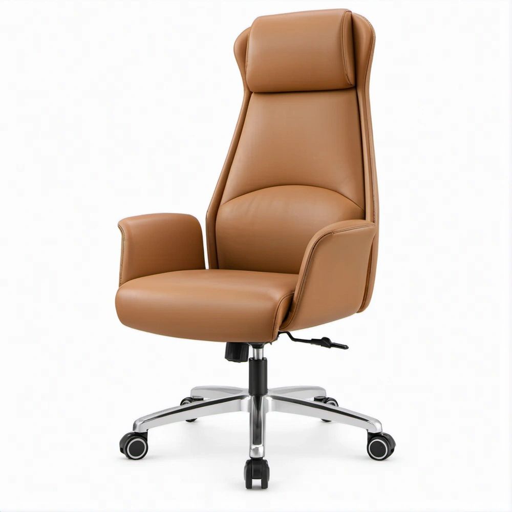 Ergonomischer Bürodrehstuhl aus braunem PU-Kunstleder mit Kopfstütze, 70 x 70 x 118–128 cm