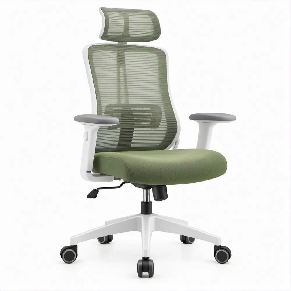 Ergonomischer Bürodrehstuhl Olivgrün/Weiss/Schwarz mit Kopfstütze, B 66 x T 66 x H 116–126 cm
