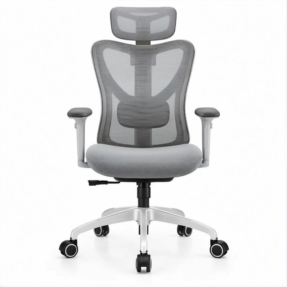 Ergonomischer Bürostuhl in Grau/Silber/Schwarz mit Netzrückenlehne, Kopfstütze und Armlehnen, 65 x 65 x 118–128 cm