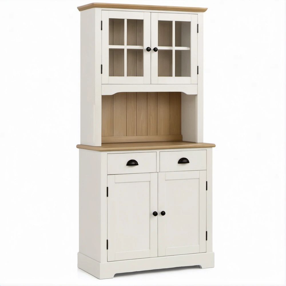 Landhaus-Buffetschrank in Creme, Naturbraun und Schwarz mit Glastüren, 90 x 45 x 180 cm
