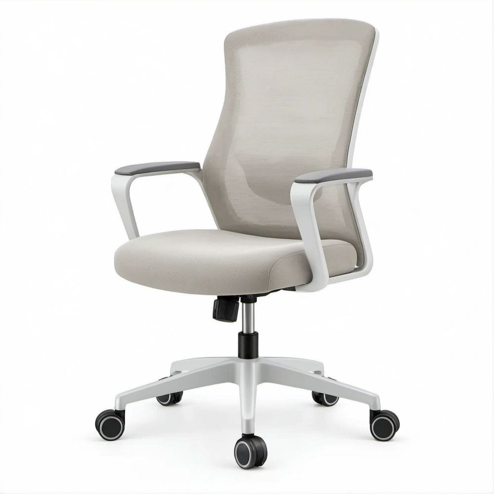 Ergonomischer Drehstuhl mit hoher Netzrückenlehne, Beige/Weiss/Schwarz, 64 x 64 x 116–126 cm
