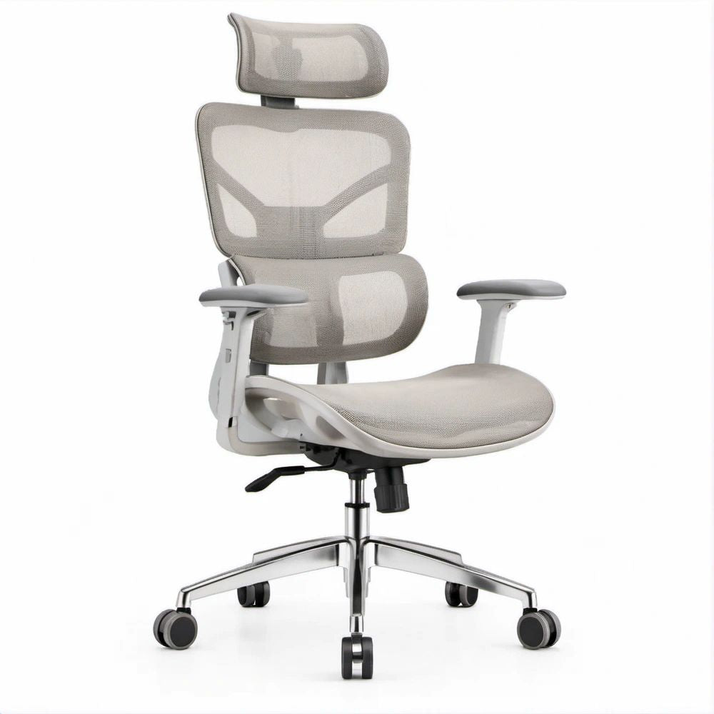 Ergonomischer Bürostuhl Hellgrau/Schwarz/Silber mit Kopfstütze und höhenverstellbaren Armlehnen, 66 x 66 x 118–128 cm