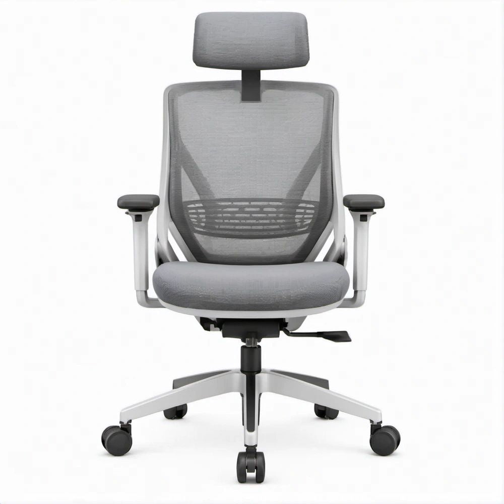 Ergonomischer Bürostuhl Grau/Schwarz/Silber mit Kopfstütze, Netzrücken und Rollen, 66 x 66 x 118–128 cm