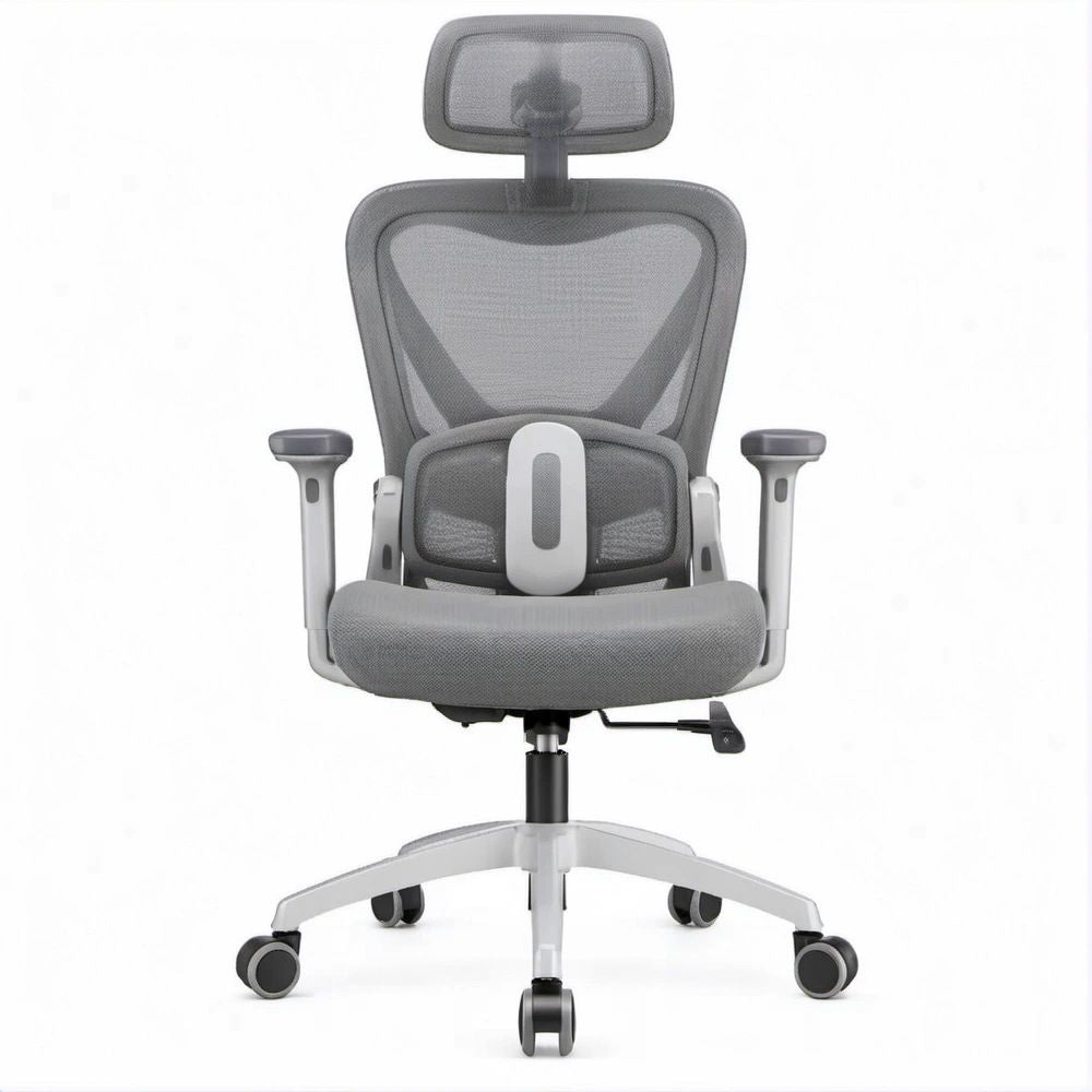 Ergonomischer Bürostuhl Grau/Hellgrau/Schwarz mit Netzrücken, Kopfstütze und Lendenstütze, 65 x 65 x 115–125 cm