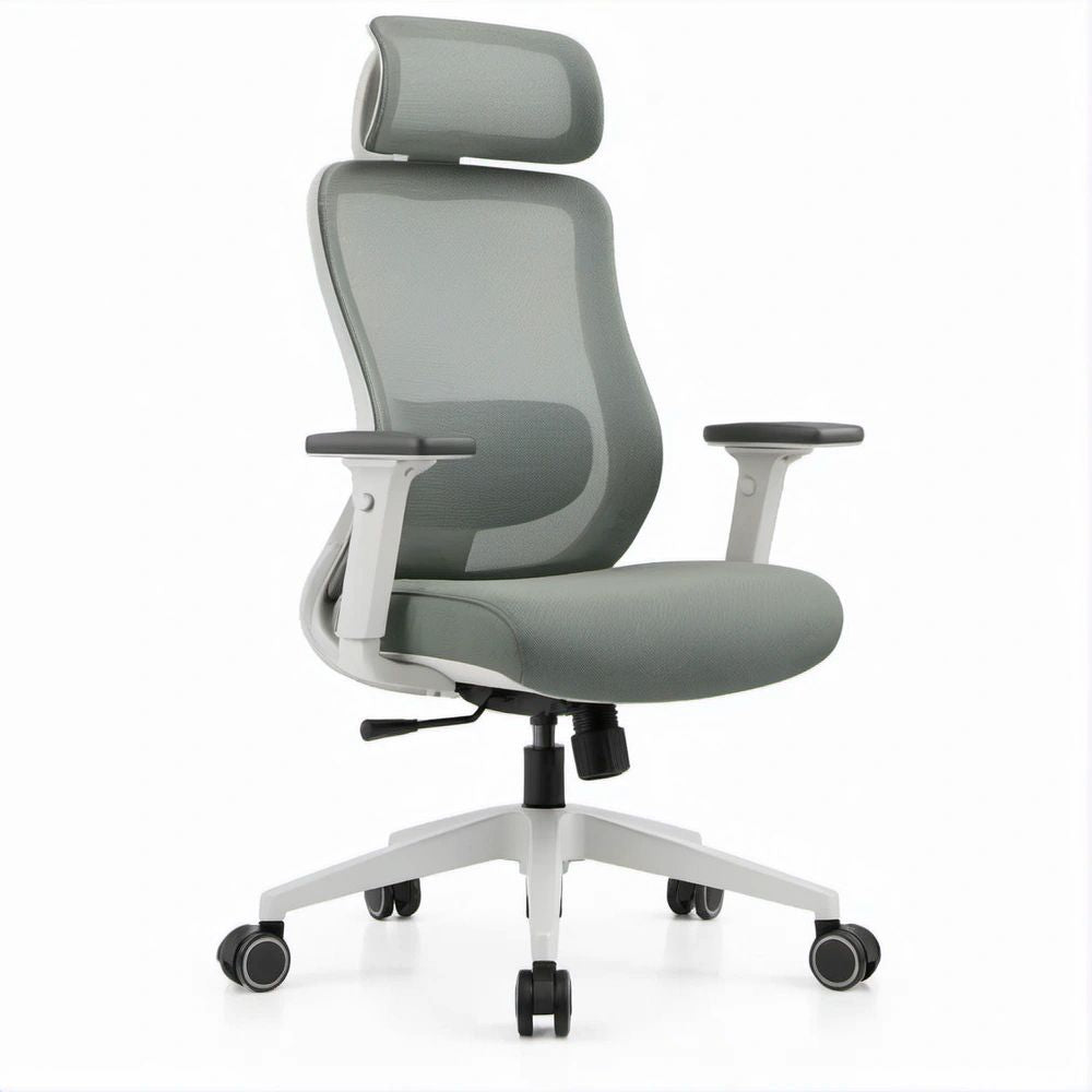 Ergonomischer Bürostuhl mit Kopfstütze, Grau/Weiss/Schwarz, 64 x 64 x 116–126 cm