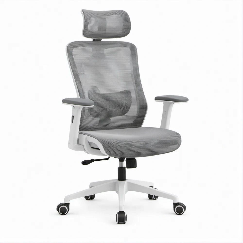 Ergonomischer Bürodrehstuhl Grau/Weiss/Schwarz mit Netzrückenlehne, Kopfstütze und Armlehnen, 65 x 65 x 116–126 cm