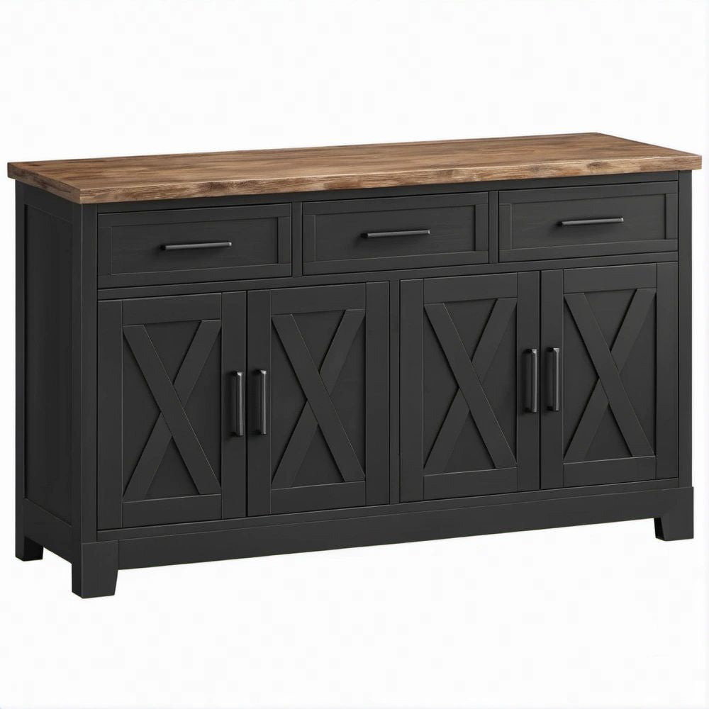 Landhaus-Sideboard Schwarz/Braun mit 3 Schubladen und 4 Türen, 150 x 40 x 90 cm