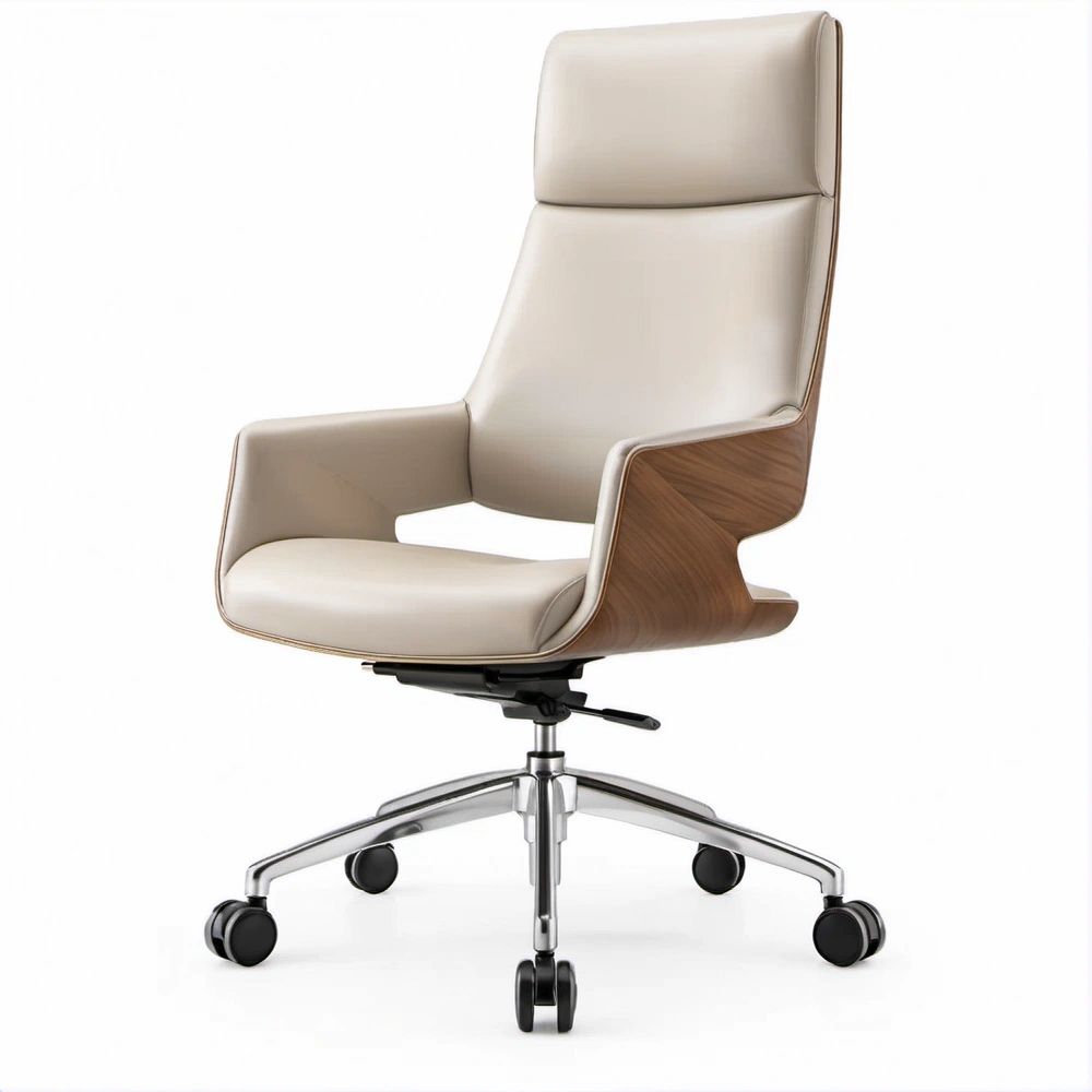 Hochlehner-Drehstuhl in Creme mit Walnussfurnier, 65 x 65 x 118–128 cm